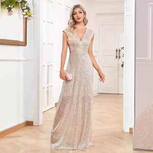 European and American Sexy V-Neck Sequin Floor Evening Dress Elegant Sleeveless Split Party Party Party Dress