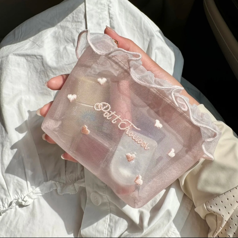 Korean Ins Style Girl Mesh Heart Embroider Portable Cosmetic Bag Cute Tissue Bag Touch-Up Cosmetics Bag