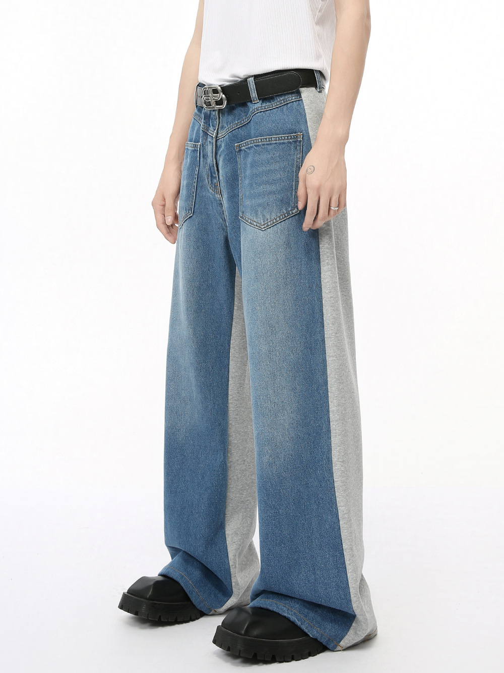 MTLCLOTHES Hombres| 2024 otoño nuevos productos nicho deconstrucción empalme de color de piernas anchas de la moda jeans