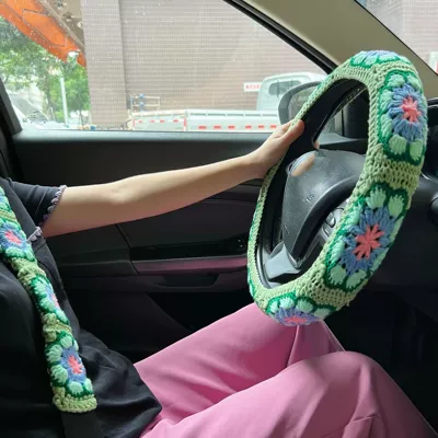 Steering wheel cover – Warm Seat Belt Cover - green-gerbera-steering-wheel-cover-set-3-piece-36-40cm