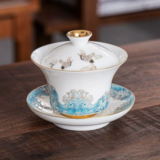 白瓷功夫茶具套装手抓茶碗定制LOGO中国白羊脂玉三才茶碗单个盖碗