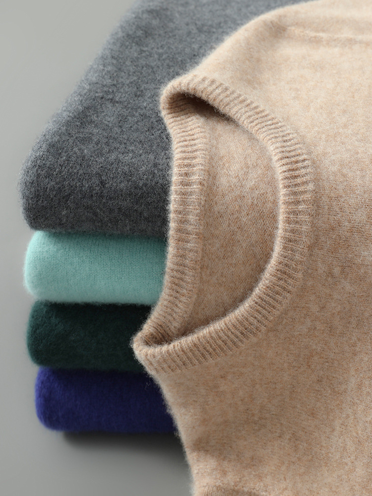 Suéter de cachemira de hombre cuello redondo de piel suéter de negocios de invierno 100% lana australiana cuello redondo