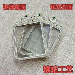 新款银色镶钻45*55镜面防水 嘎乌盒空托挂坠西藏唐卡盒子吊坠批发