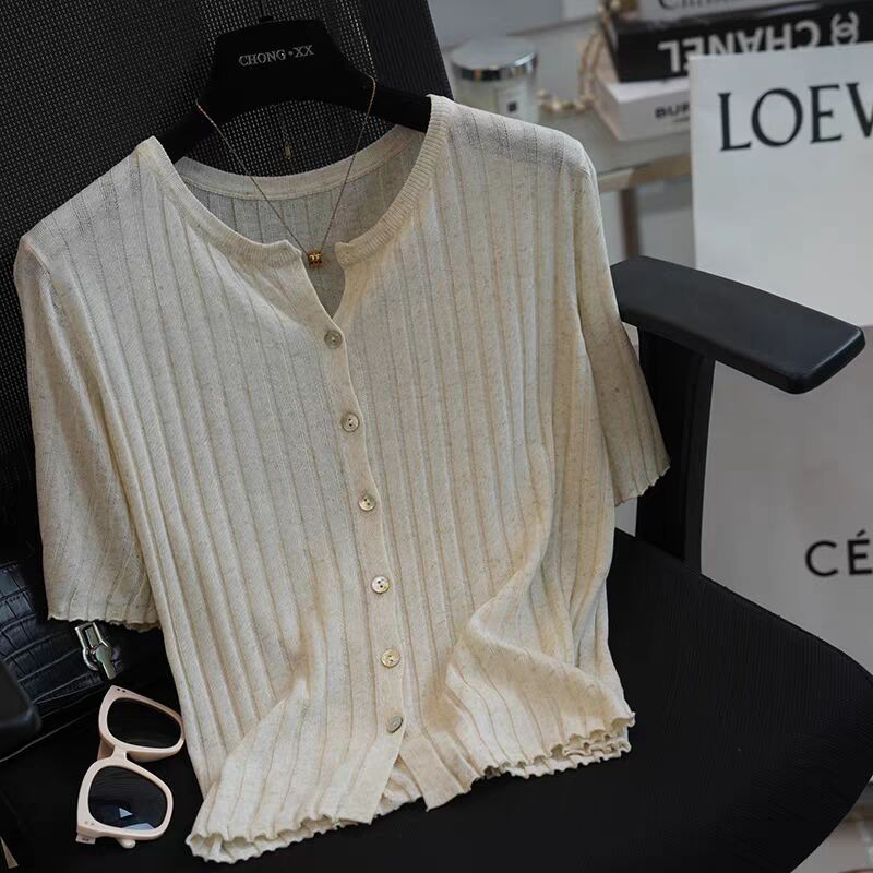 天糸亜麻通気半袖ニットカーディガン女性は痩せたtシャツの上着を着て夏を着ている|undefined