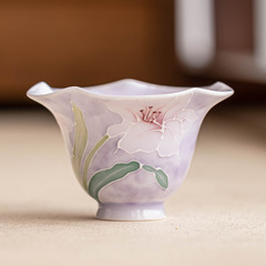 手绘堆雕紫百合主人杯陶瓷喝茶杯子家用品茗杯功夫茶具茶盏花口杯