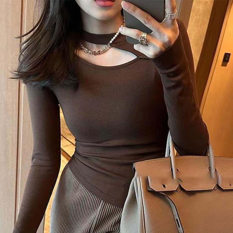 2025 Autumn/Winter Korean Style Simple Hollow Out Top with Side Straps for Women, Fleece-Lined, Slimming, Versatile Inner Top