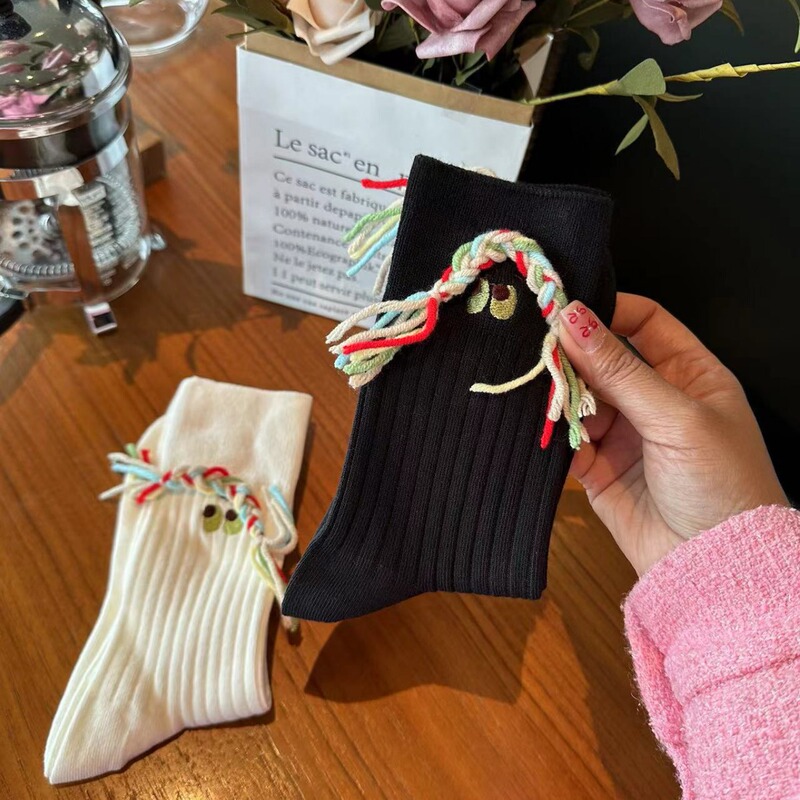 Cute and Quirky Embroidered Colorful Braided Korean-Style Double-Needle Women's Socks Cute and Quirky Embroidered Colorful Braided Korean-Style Double-Needle Women's Socks