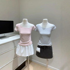 ピンク/グレーストライプ斜め肩半袖Tシャツトップ女性夏カジュアル通勤日常
