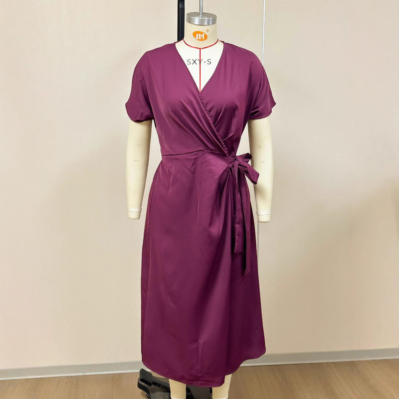 2025 Summer New Dress Amazon Commuting Fashion Forged Slit Women's Solid Color Wrap Tie Skirt