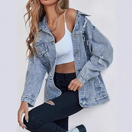 Cross-border TEMU Amazon Women's New Oversized Denim Jacket Boyfriend Ripped Hole Made Old Denim Jacket Coat