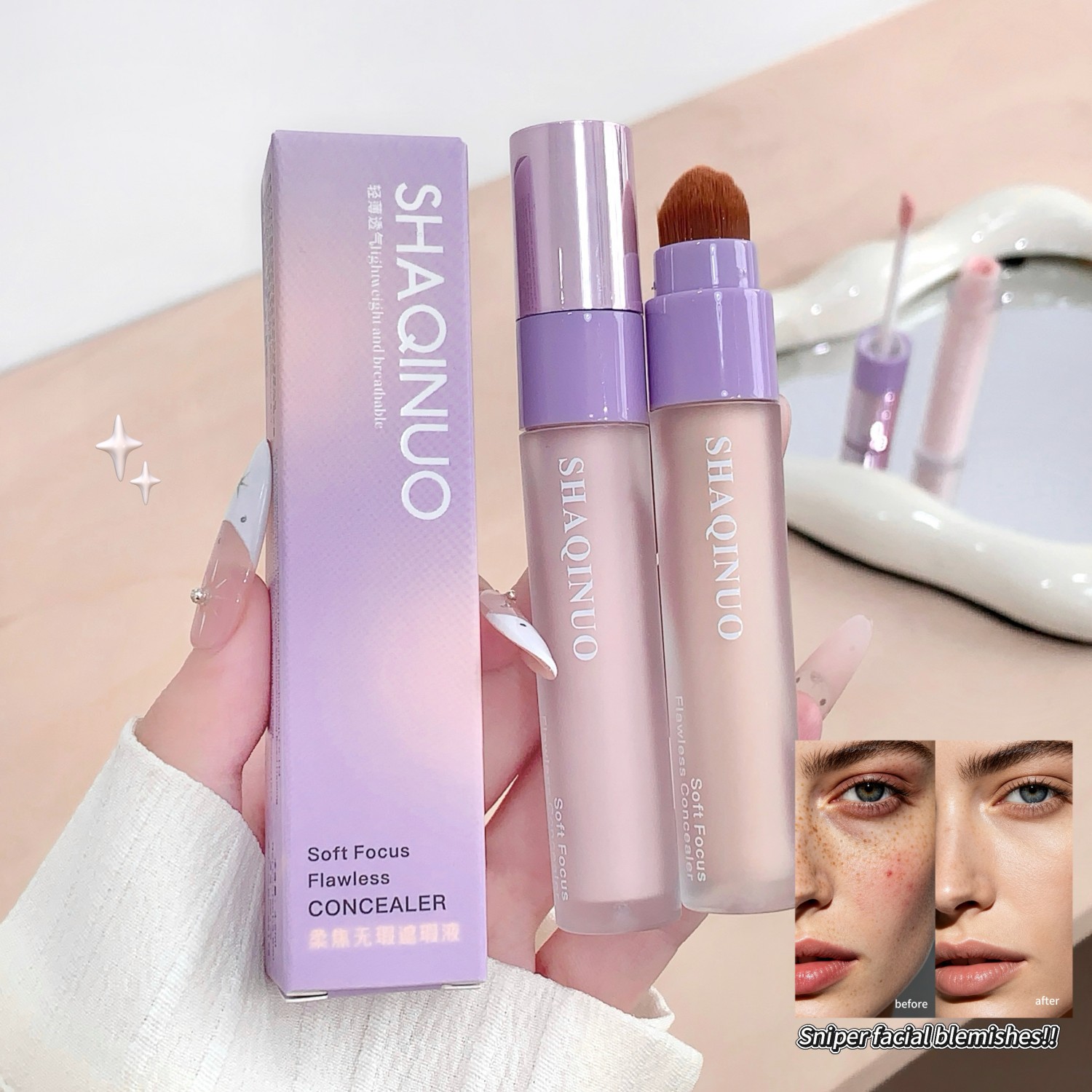 Cross-Border Shaqinuo Soft Focus Flawless Concealer Liquid, Moisturizing and Silky, Dual-Ended, Lightweight, Conceals Acne Marks and Dark Circles, Makeup