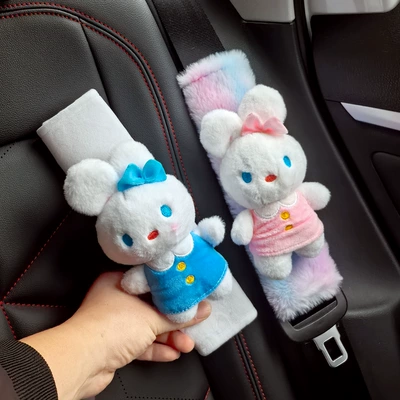 Shoulder Cover Cute Rabbit Doll: Seat belt shoulder pad - cute-long-skirt-rabbit-blue-skirt-pink-skirt-white-crystal-velvet-purple-gradient-plush-shoulder-pads-2-pack
