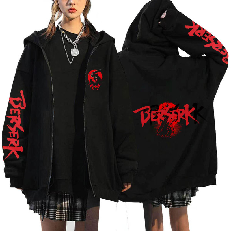New Cartoon Berserk Sword Style Legendary Cardigan Hooded Rope Jacket fleece-lined Hooded Men's and Women's Zipper Sweater