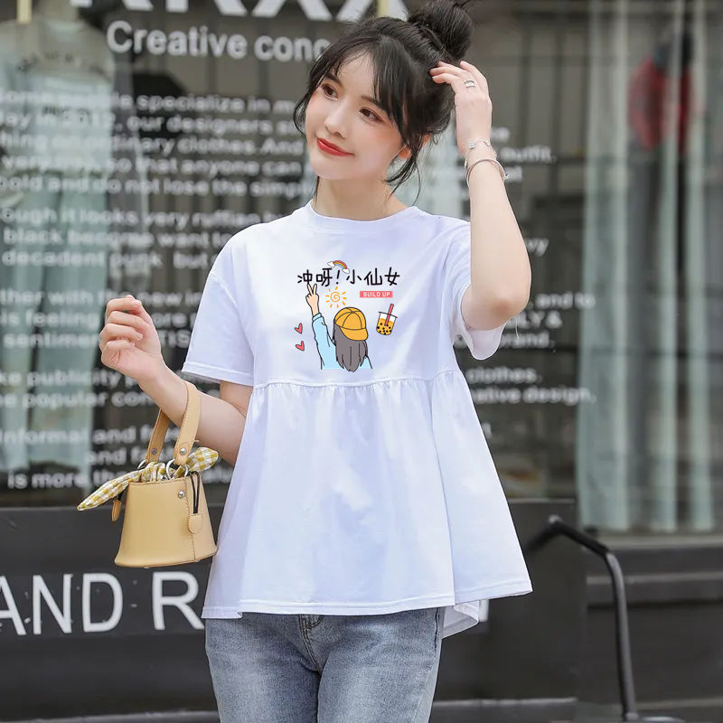白色宽松短袖T恤女2024年新款夏季韩版学生半袖体恤娃娃衫ins上衣