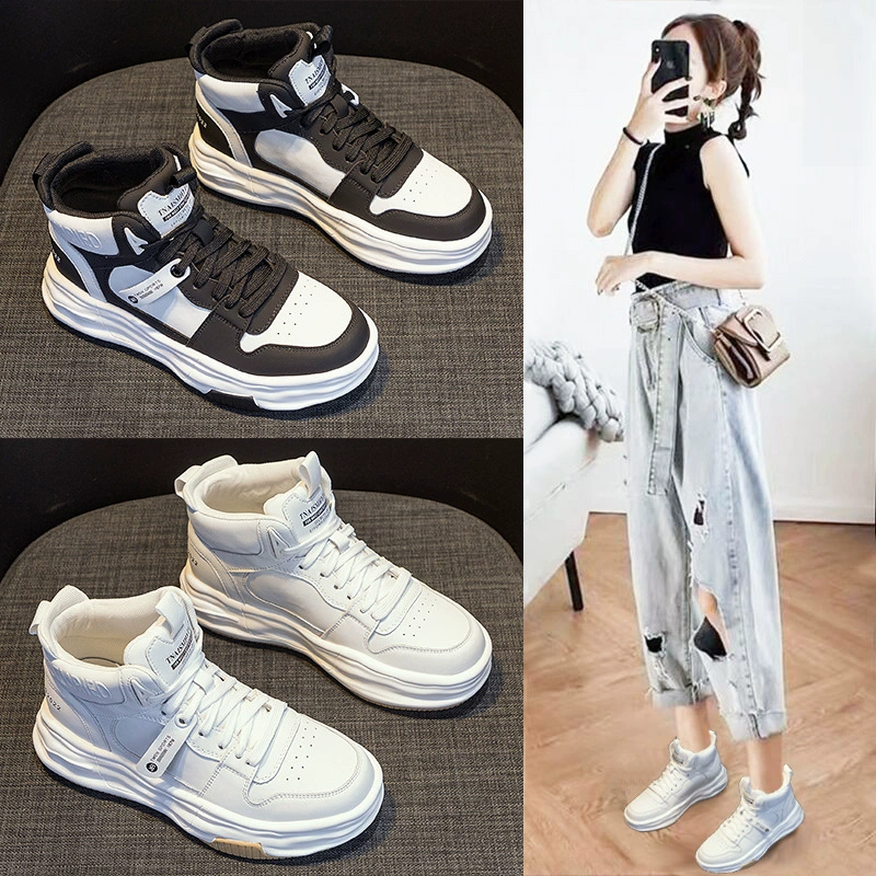 Высокие женские кроссовки 2025 года, осенне-зимняя новинка, универсальные, модные, на толстой подошве, с флисовой подкладкой, теплые, с улучшенной амортизацией, повседневные, спортивные, белые.