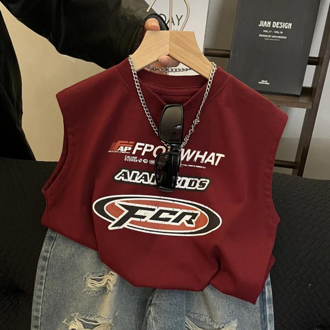 Camiseta de verano para niños guapo, chaleco de cuello redondo, estilo de moda suelto, letras de estilo extranjero, camisa de base de algodón sin mangas