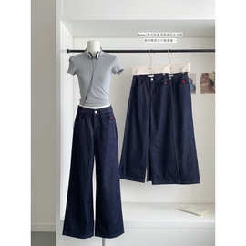 美式夏日丹宁绣花爱心牛仔裤宽松显瘦阔腿直筒裤女women jeans