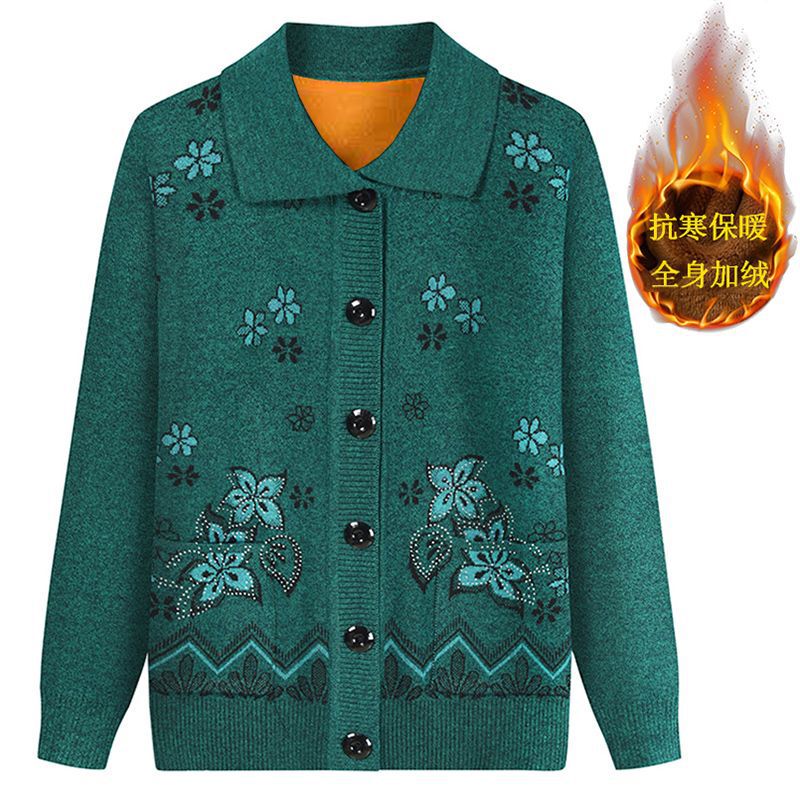 Unmun Elderly Women's Autumn and Winter Velvet Thickeneded Knitwear Mother's Warm Knitwear Cardigan 60-Year-Old Grandma Lapel
