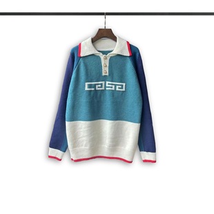 European and American Autumn and Winter Casa Color-Blocked Polo Knitted Pullover Long-Sleeved Lapel Sweaters for Men and Women, Cross-Border Ready Stock