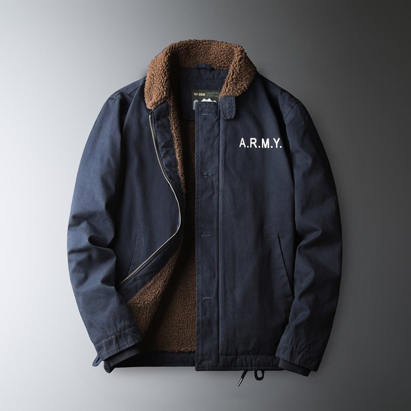 Classic Versatile Winter Men's Lamb Wool Versatile Jacket with Thick Fur Collar, Cotton-Padded Workwear Pilot Jacket