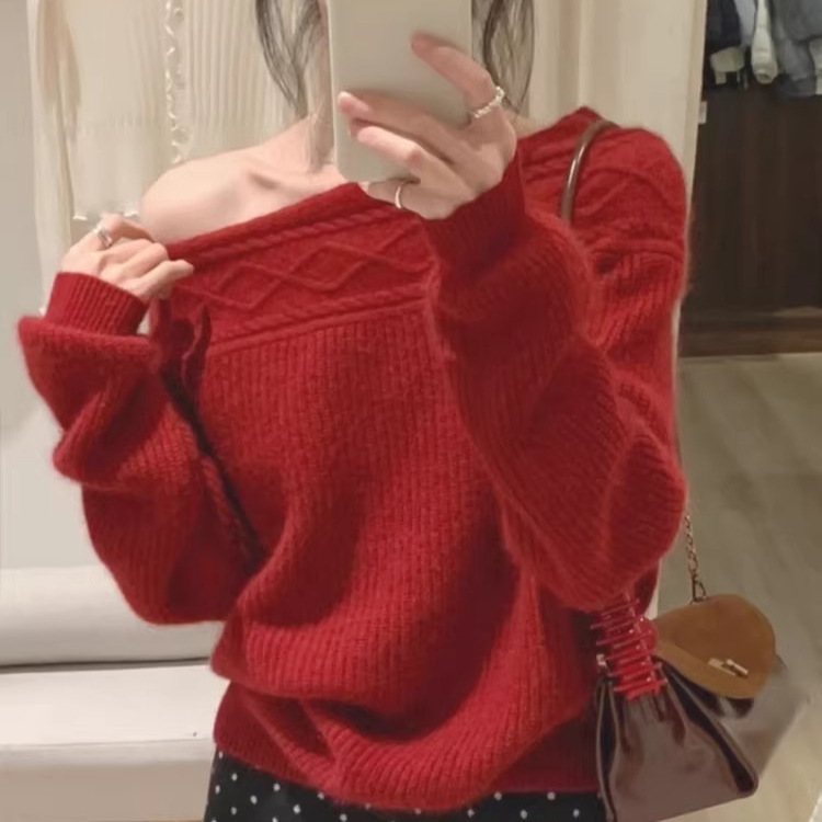 Red Cable-Knit Off-Shoulder Pullover Thick Sweater for Women, Autumn and Winter Christmas Outfit, Loose Knit Top Red Cable-Knit Off-Shoulder Pullover Thick Sweater for Women, Autumn and Winter Christmas Outfit, Loose Knit Top