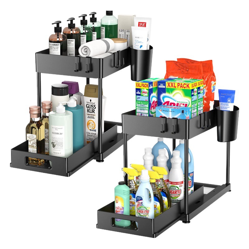 Amazon caliente-Venta de organizador de cocina encimera de doble capa extraíble rack de almacenamiento gabinete extraíble fregadero rack