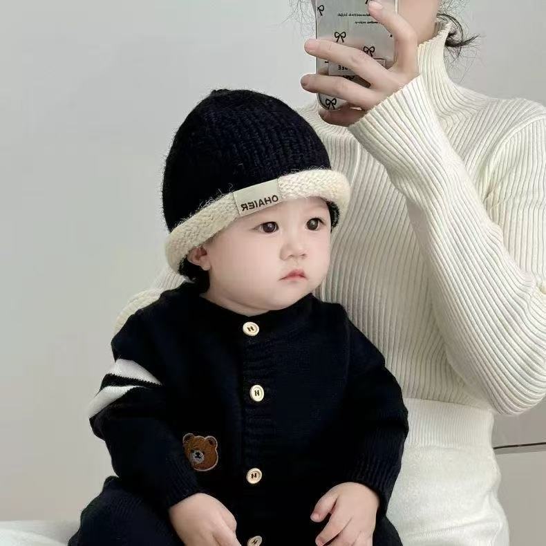 ins秋冬宝宝卷边瓜皮帽男女童帽拼色针织保暖可爱套头儿童毛线帽|undefined