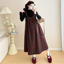 2025秋冬新款韩风中长款甜美减龄格子毛呢孕妇大码连衣裙套装
