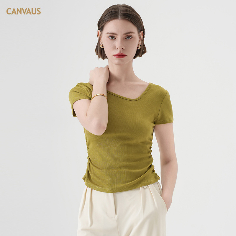 CANVAUS Short-sleeved T-shirt Women's Summer Oblique Collar Design Solid Color Simple Slim-fit Rib Short Sleeve Trendy Top