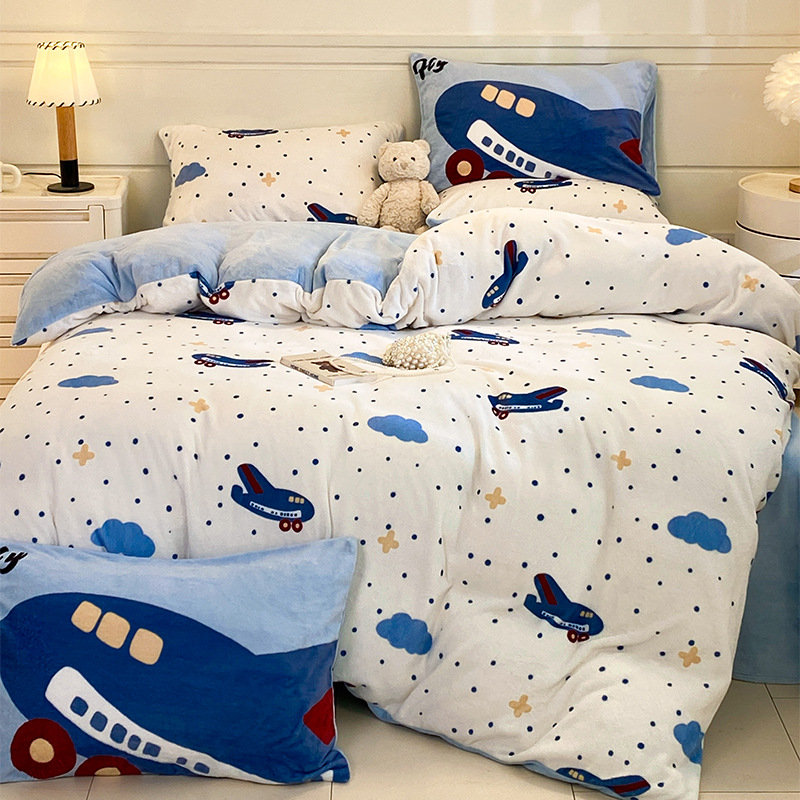 Otoño y invierno leche de seda de dopamina cama de cuatro piezas de seda de coral dormitorio flange sábanas de seda de tres piezas