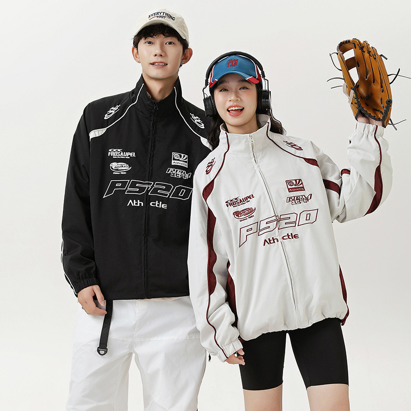 Rumenggao Street Japanese Style Vintage Contrast Color Stitching Letter Embroidered Vertical Collar Jacket for Men and Women