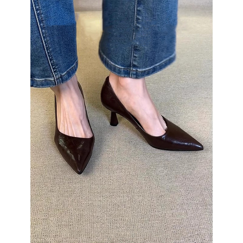 牛皮版~黑色高跟鞋女猫跟2025新款法式尖头中跟单鞋职业浅口女鞋