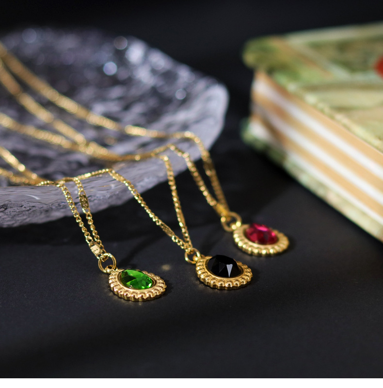 Retro Water Droplets Titanium Steel Plating Inlay Artificial Crystal Pendant Necklace 1 Piece