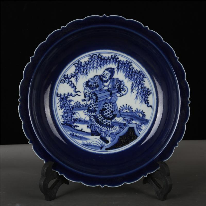 明永乐手绘霁蓝青花四大天王图葵口盘精品古玩古董收藏品家居摆件