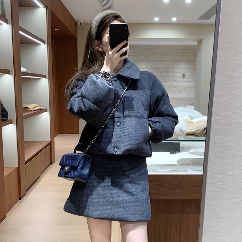 冬季遮肚爆款轻奢韩系翻领短款棉衣棉服外套+半身裙a字短裙套装女