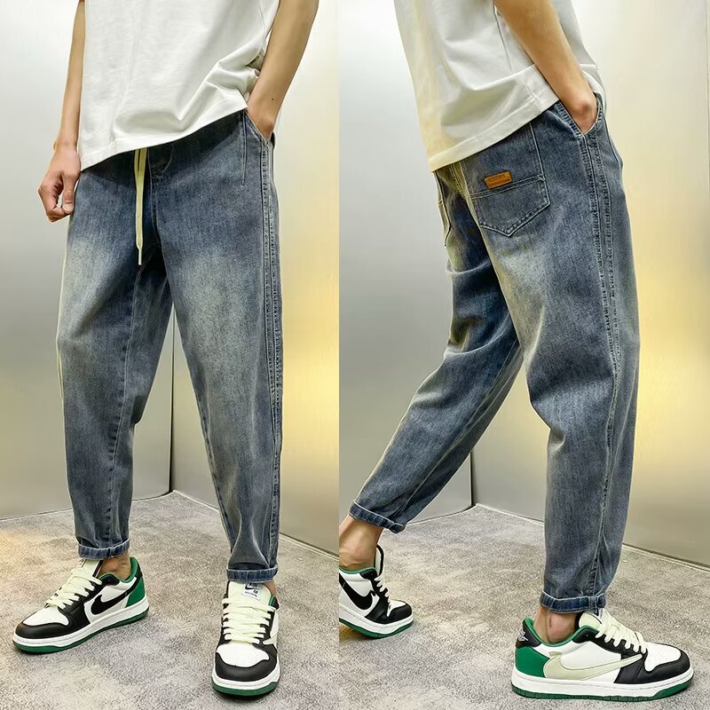 American Retro Cropped Jeans Men's Trendy Brand Loose Straight Harem Pants Men's Carrot Pants with Loose Waist Tapered Pants American Retro Cropped Jeans Men's Trendy Brand Loose Straight Harem Pants Men's Carrot Pants with Loose Waist Tapered Pants