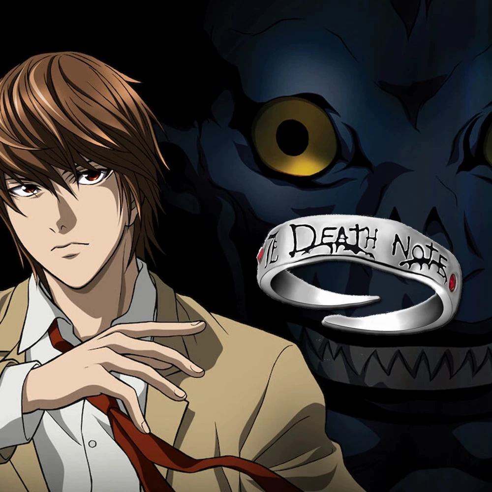 Кольцо, вдохновленное Death Note, открытая регулируемая посадка, серебристый тон с гравированной надписью и красными камнями