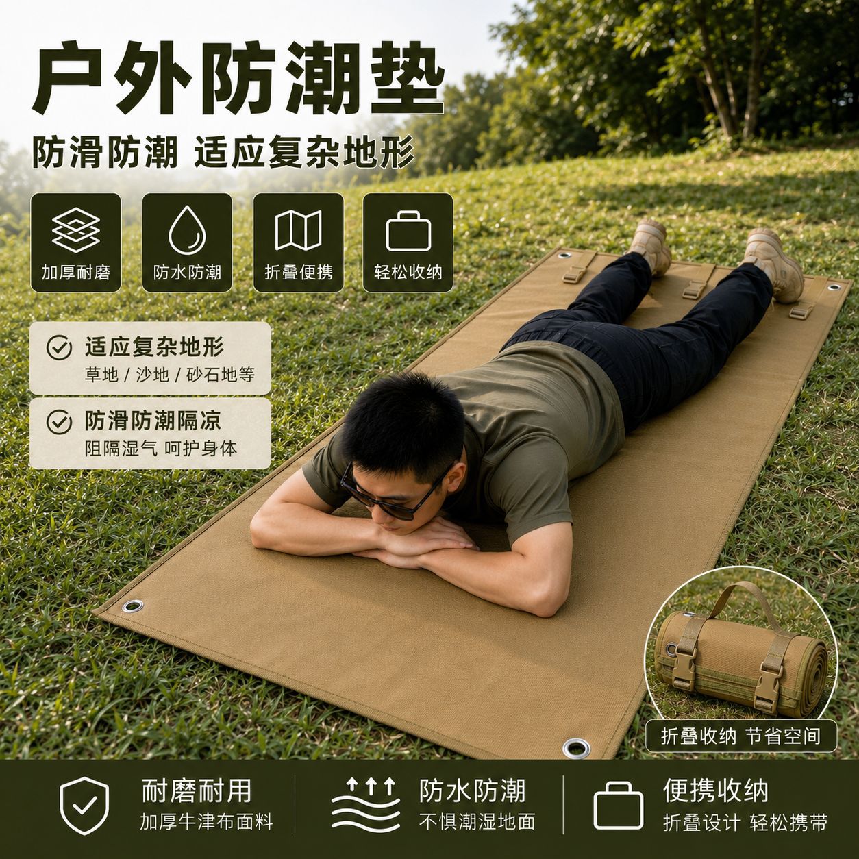 Outdoor tactical camouflage shooting mat, thickened for camping, travel, hiking, moisture-proof, portable, wear-resistant, and waterproof.