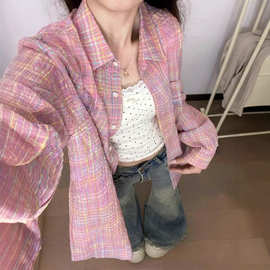 彩色格纹防晒长袖衬衫女式夏季宽松休闲设计感泡泡纱格子衬衣外套