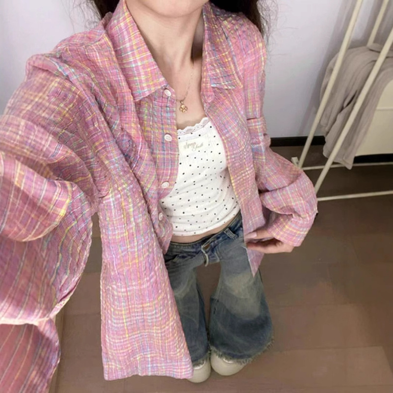 Colorful Plaid Sun Protection Long-Sleeved Shirt Women's Summer Loose Casual Design Seersucker Plaid Shirt Jacket Colorful Plaid Sun Protection Long-Sleeved Shirt Women's Summer Loose Casual Design Seersucker Plaid Shirt Jacket