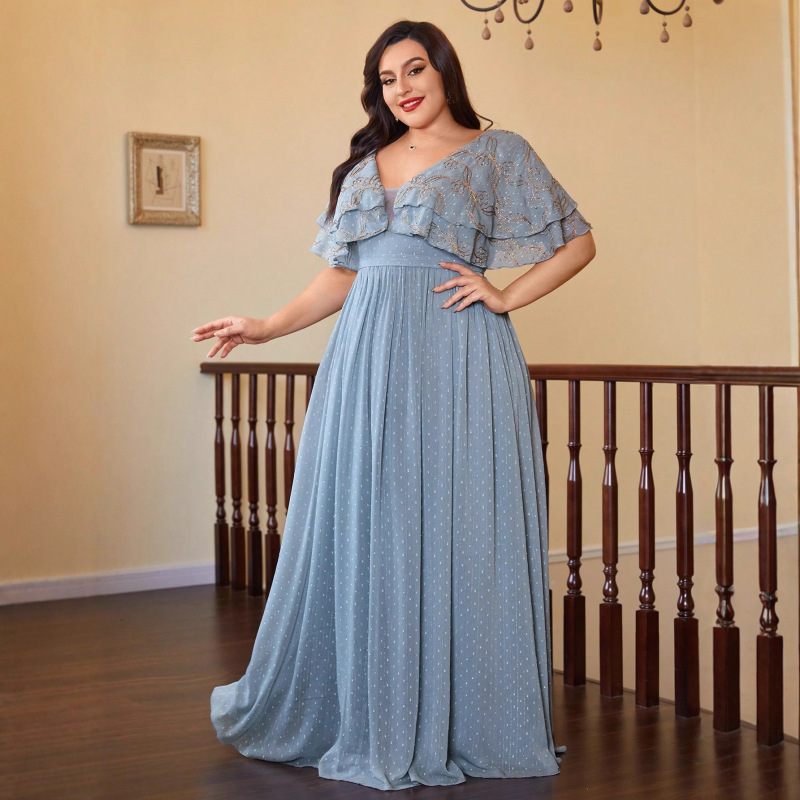 European and American Large Size Evening Dress V Neck Slim Long Polka Dot Dress Loose Adult Dress Birthday Party Long Dress