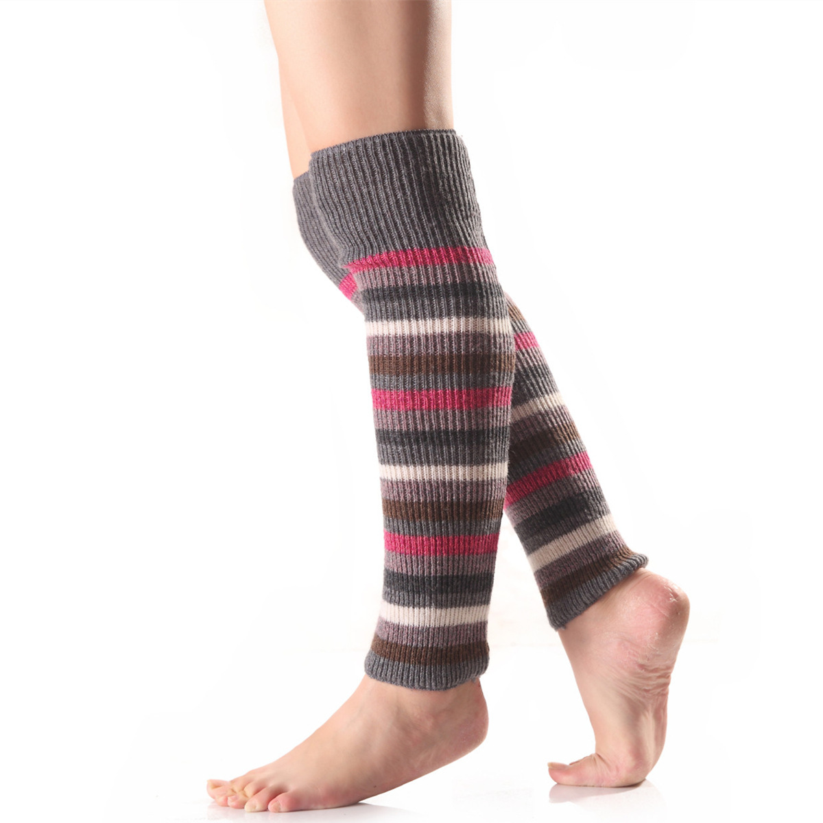 Genouillères pour femmes, nouvelles housses de chaussettes tricotées à rayures horizontales d'automne et d'hiver avec de la laine pour plus de chaleur._voghion.com