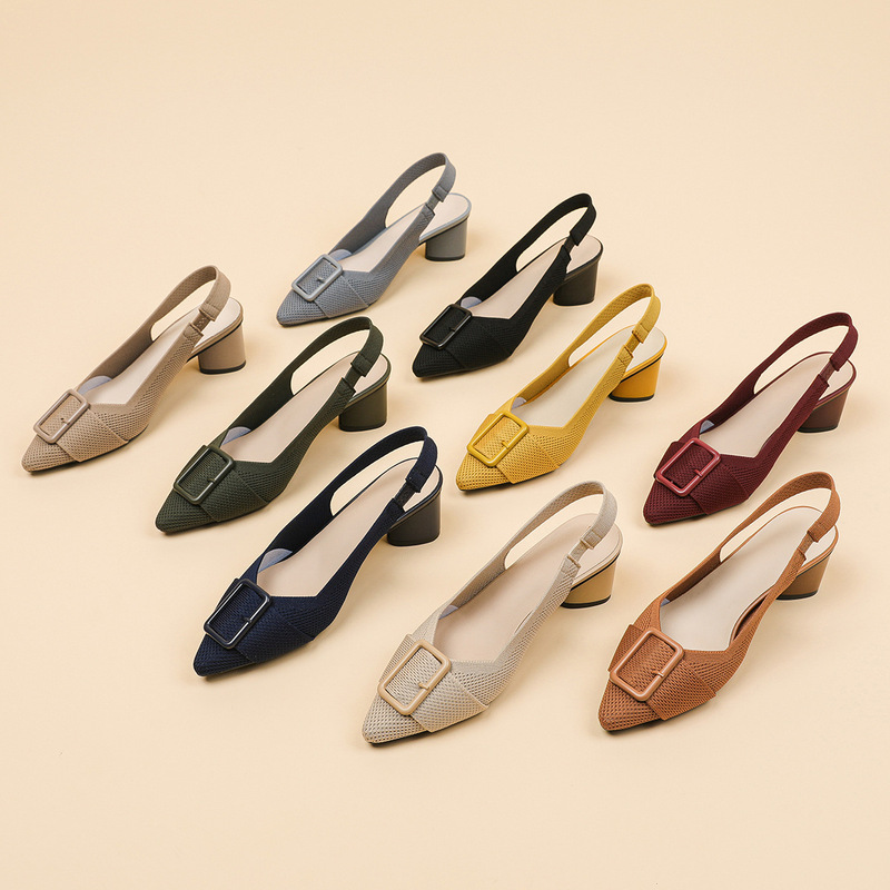 663-1 pointed toe shallow mouth knitted hollow breathable buckle chunky heel high heel sandals for women