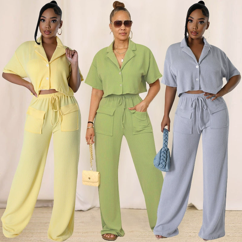 3157 новых европейских и американских трансграничных женщин сплошной цвет рубашки с короткими рукавами и воротником длинный повседневный широкий набор брюк