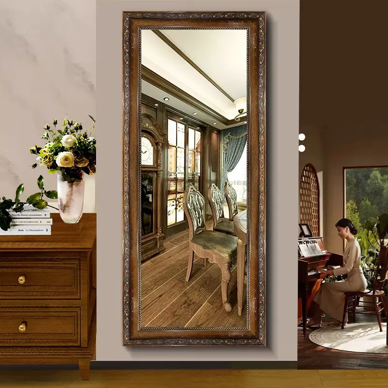 可定制复古实木框花雕美式穿衣镜壁挂试衣镜家用玄关落地镜