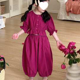 夏装短袖韩版女童套装新款夏季洋气泡泡袖两件套灯笼裤童2026新款