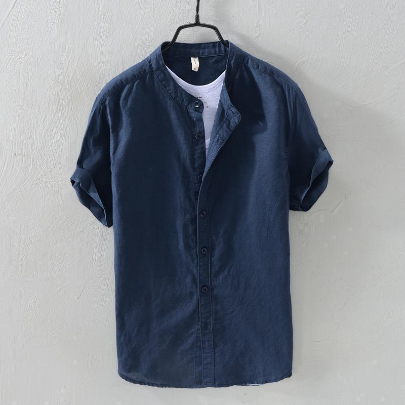 Chinese Style Vertical Collar Linen Shirt Men's Short-sleeved Cotton Linen Shirt Summer Thin Loose Casual Linen Shirt Trendy