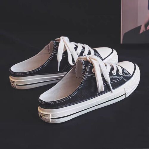 Women's 2024 Summer Han Style Student Flat Slip-on Canvas Shoes, No Heel, Semi-Slip On, Versatile Low Top Sneakers