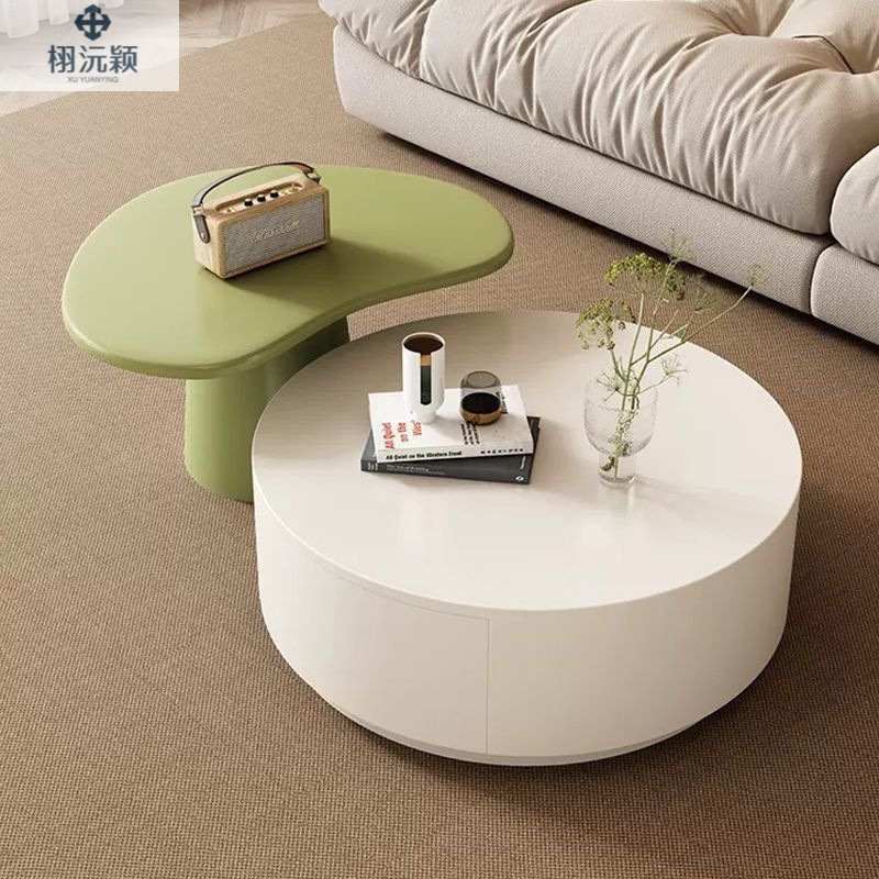 Simple Home Entry Luxury TV Cabinet Floor-Standing suit Cream Minimalist Round Coffee Table Small Apartment High-Level Modern Living Room