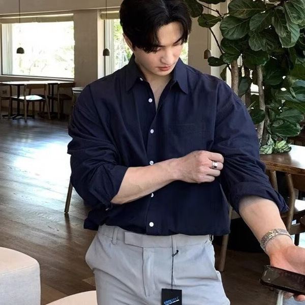 Spring and Autumn 2024 New Hong Kong-style Japanese Pocket Workwear Solid Color Casual Shirt Men's Long-sleeved Men's Cotton Shirt Trendy